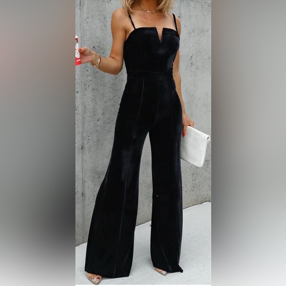 Sexy Spaghetti Strap V Neck Velvet Bodycon Wide Leg Cocktail Party Jumpsuit